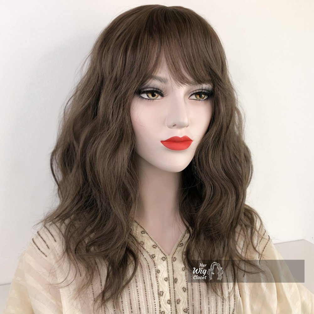 Dark Brown Brunette Wavy Wig with Bangs | Natalie - Picture 2 of 6